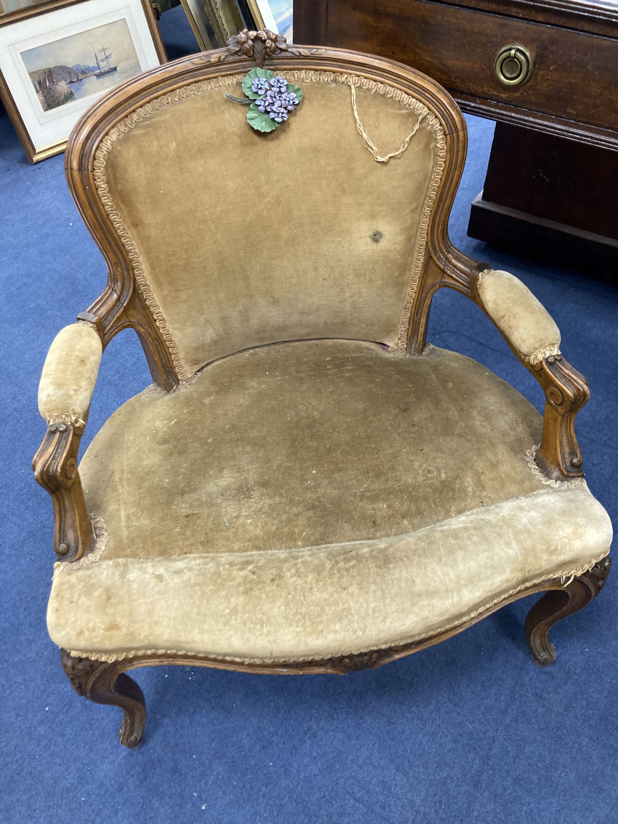 A Victorian mahogany dressing table, width 107cm, depth 58cm, height 80cm, together with a Louis XV style salon chair